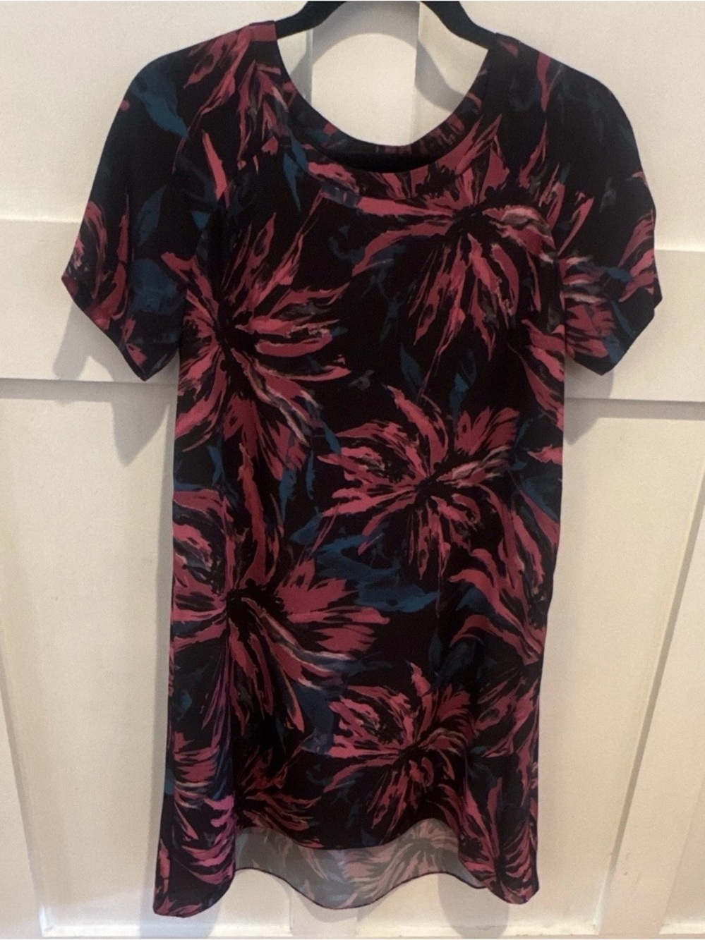 Chelsea28 Black Floral Shift Dress with Pink and Blue Accents